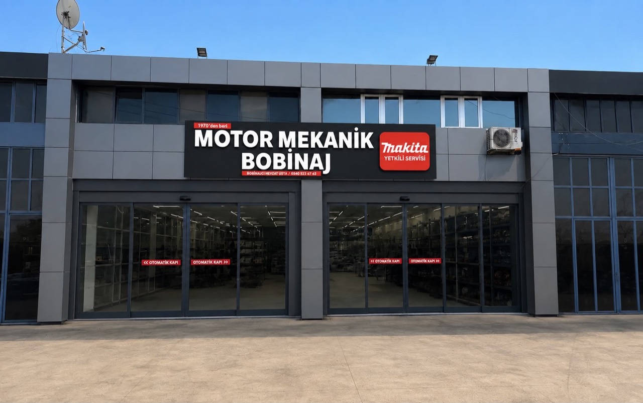 Motor Mekanik Bobinaj dükkanının tabelası ve cam giriş kapılarıyla dış cephesi